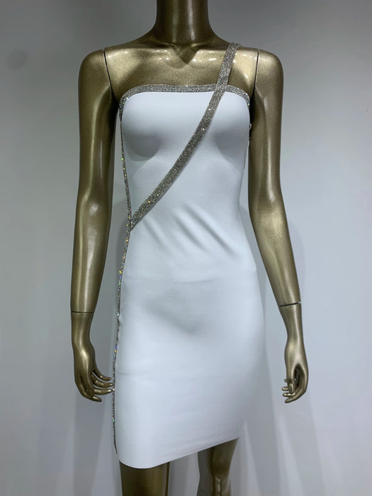 Stunning One-Shoulder Crystal Diamonds White Mini Bandage Dress