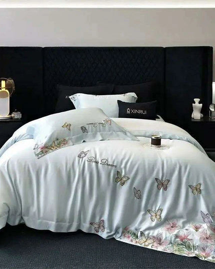 Luxury Butterfly Floral Embroidery Duvet Cover Set - Soft Lyocell Eucalyptus Fiber Bedding with Pillowcases and Flat Sheet