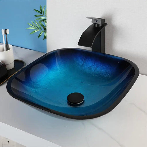 Gradient Blue Tempered Glass Bathroom Sink Washbasin Set with Waterfall or Stream Faucet Mixer Taps and Drainer