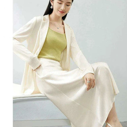 Chic Women's Satin Blazer and A-line Midi Skirt Ensemble for Autumn