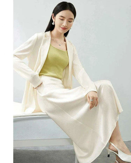 Chic Women's Satin Blazer and A-line Midi Skirt Ensemble for Autumn