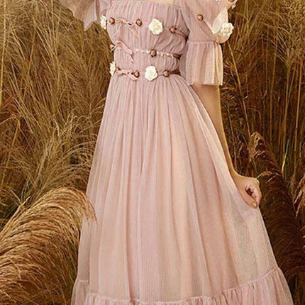 3D Floral Puff Sleeve Dress with Square Neck