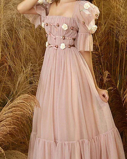 3D Floral Puff Sleeve Dress with Square Neck