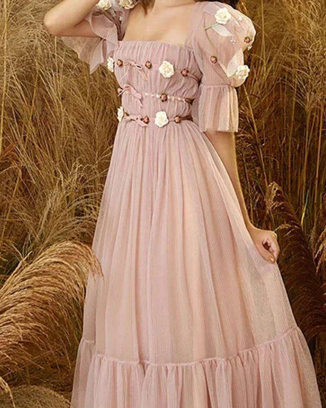 3D Floral Puff Sleeve Dress with Square Neck