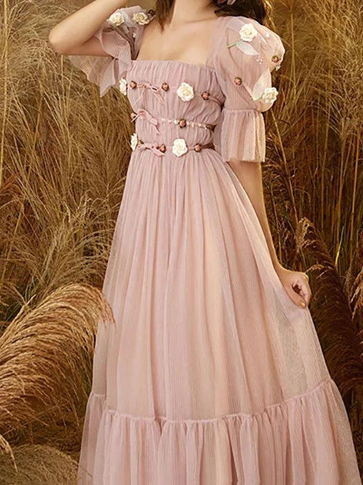 3D Floral Puff Sleeve Dress with Square Neck