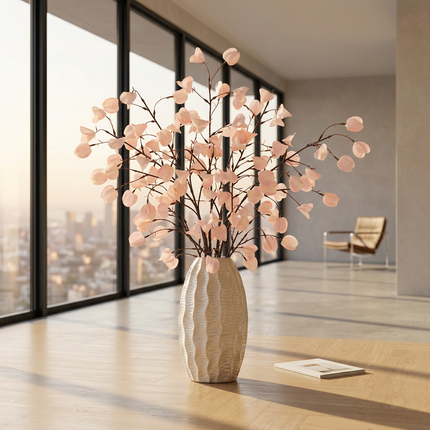 A decorative artificial floral arrangement with pale pink round blossoms on dark branches, displayed in a textured cream vase on a wooden floor in a modern room with large windows.