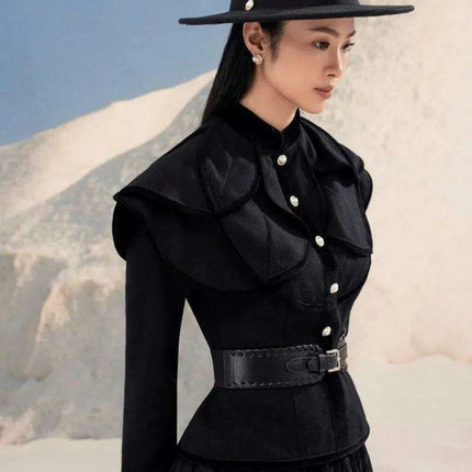 Chic Black Coat and Tulle Skirt Set with Floral Detail for Women - Fall 2024 Collection 13DB1739