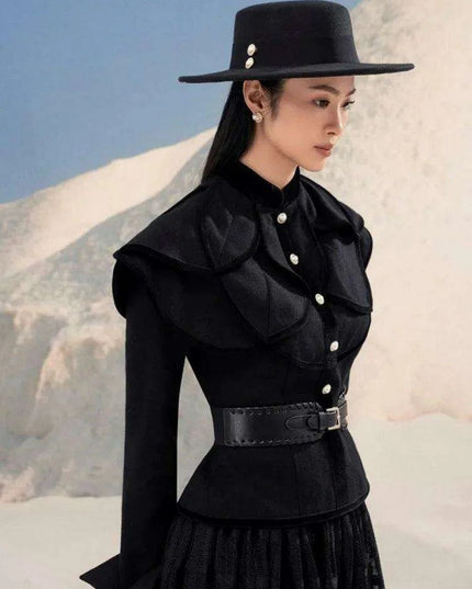 Chic Black Coat and Tulle Skirt Set with Floral Detail for Women - Fall 2024 Collection 13DB1739