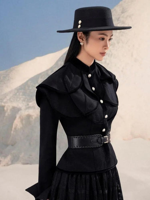 Chic Black Coat and Tulle Skirt Set with Floral Detail for Women - Fall 2024 Collection 13DB1739