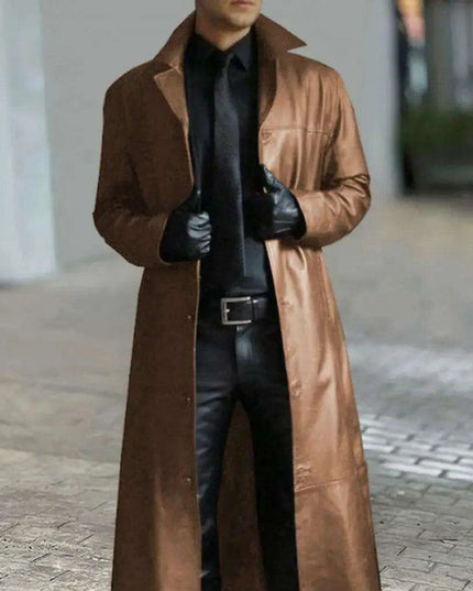 Men's Stylish Gothic Black Faux Leather Long Coat - Chic Winter Essential with Lapel Detailing