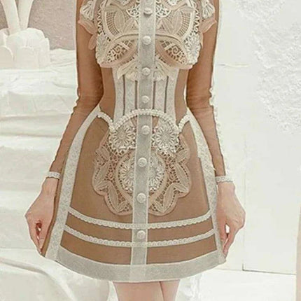 Elegant Vintage Lace Patchwork Runway Dress with Mesh Sleeves for Women