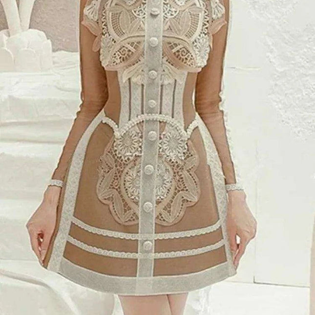 Elegant Vintage Lace Patchwork Runway Dress with Mesh Sleeves for Women
