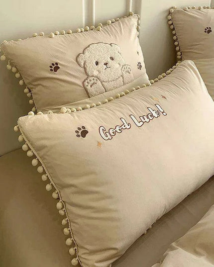 Whimsical Cartoon Bear Embroidered Kids' Cotton Bedding Set - 100% Cotton Duvet Cover, Sheet, and Pillowcases