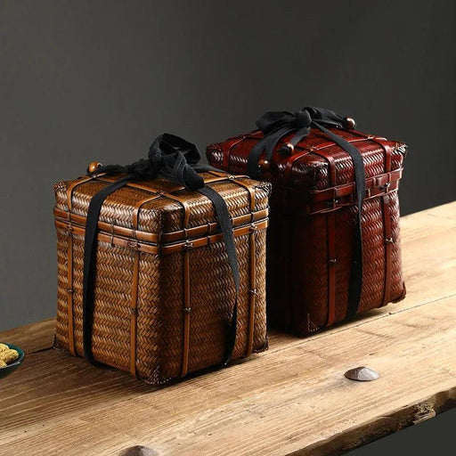 Bamboo Weave Square Storage Trunk - Travel-friendly Tea Ceremony Companion