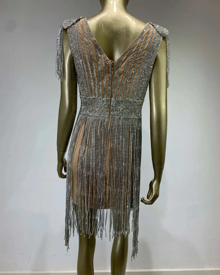 Radiant Diamond Tassel V Neck Bodycon Mini Dress - Showstopper Evening Attire