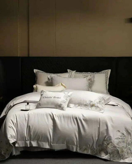 Elegant 1000TC Egyptian Cotton Floral Embroidery Bedding Ensemble with Duvet Cover, Flat Sheet, and Pillow Shams