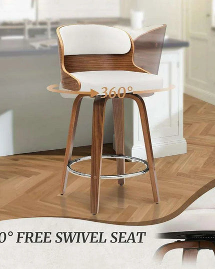 Elegant Mid-Century Walnut Swivel Counter Stools with Faux Leather Seat - 26 Inch Height