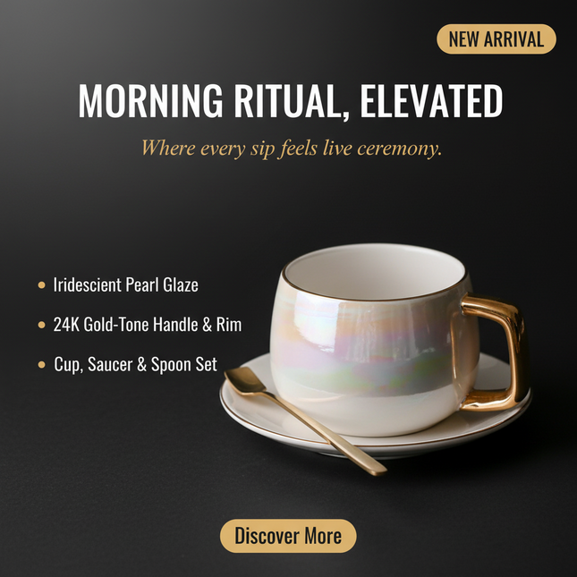 Gold-Rimmed Ceramic Coffee Cup, Saucer & Spoon Set | Très Elite