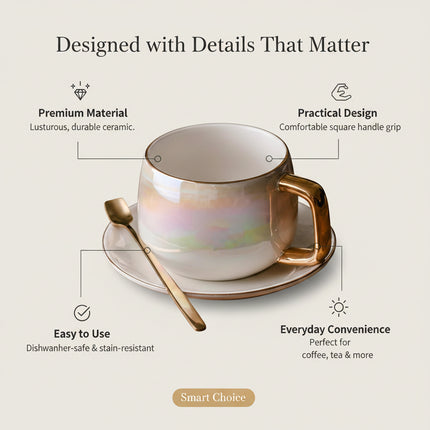 Gold-Rimmed Ceramic Coffee Cup, Saucer & Spoon Set | Très Elite