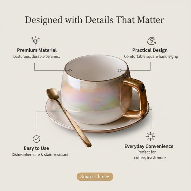 Gold-Rimmed Ceramic Coffee Cup, Saucer & Spoon Set | Très Elite