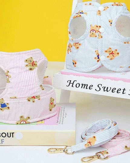 Adorable Bear Print Mesh Harness and Bowtie Leash Combo for Small Dogs and Cats - Trendy Pet Vest