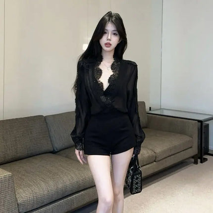 Spring Summer Sexy Vintage Lace Patchwork Solid Color Long Sleeve Blou