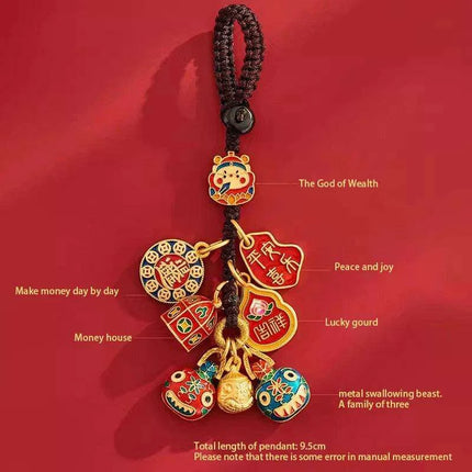 Lucky Fortune Cat Brass Keychain with Five Emperors Coin Charm