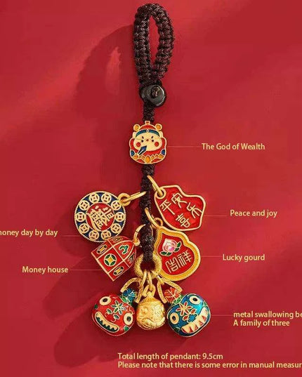 Lucky Fortune Cat Brass Keychain with Five Emperors Coin Charm