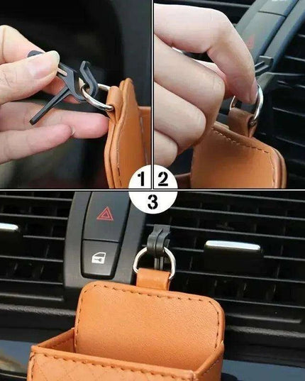 Sleek Black PU Leather Car Air Vent Organizer for Phone and Glasses