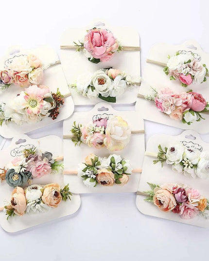 Floral Bow Infant Headband Set - 2-Piece Stretchy Hair Accessories for Newborns