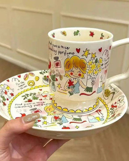 Whimsical Handcrafted French Coffee Cup and Saucer Set for Kids - Adorable Cartoon Design, Ideal for Breakfast and Tea Gifts
