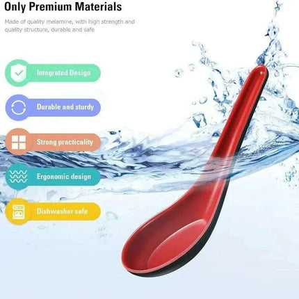 Sleek Anti-Shock Porcelain Spoon Set for Rice, Dumplings, and Porridge - Modern Kitchen Cutlery in Bold Red and Black