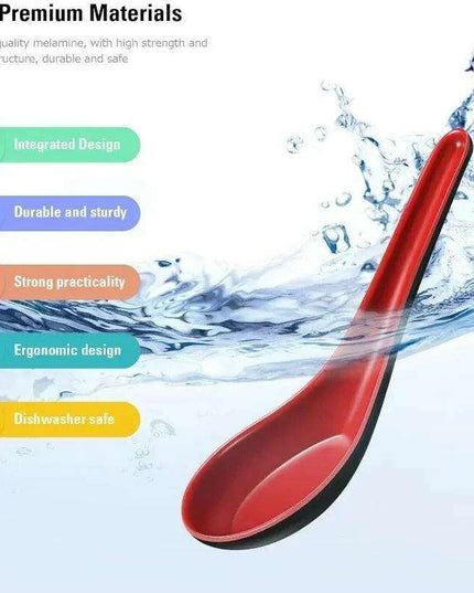 Sleek Anti-Shock Porcelain Spoon Set for Rice, Dumplings, and Porridge - Modern Kitchen Cutlery in Bold Red and Black