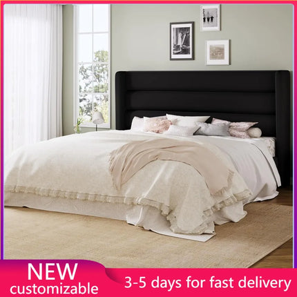 Queen Upholstered Platform Bed Frame with Wingback Headboard, No Box Spring Needed, Under Bed Storage, Easy Assembly, Black queen-upholstered-platform-bed-frame-with-wingback-headboard-no-box-spring-needed-under-bed-storage-easy-assembly-black