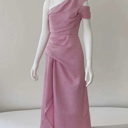 Asymmetrical Evening Dress with Diagonal Collar and Pleated Waist