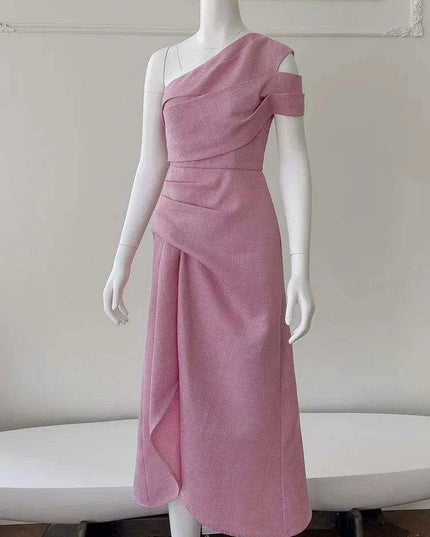 Asymmetrical Evening Dress with Diagonal Collar and Pleated Waist