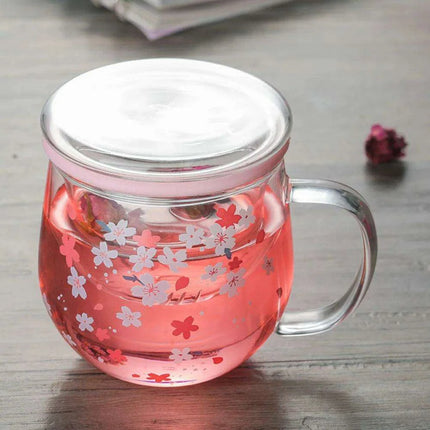 Sakura Blossom 300ml Heat-Resistant Glass Tea Mug Set with Infuser and Lid - Très Elite