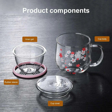 Sakura Blossom 300ml Heat-Resistant Glass Tea Mug Set with Infuser and Lid - Très Elite