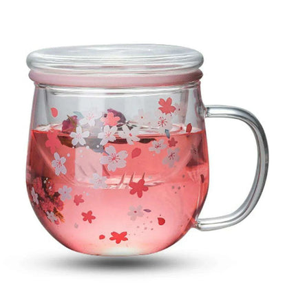 Sakura Blossom 300ml Heat-Resistant Glass Tea Mug Set with Infuser and Lid - Très Elite