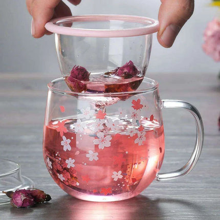 Sakura Blossom 300ml Heat-Resistant Glass Tea Mug Set with Infuser and Lid - Très Elite
