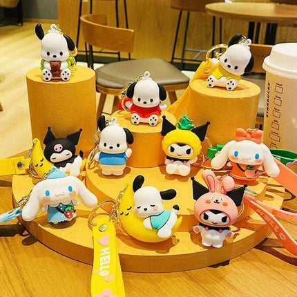 Sanrio Fruit Series Keychain Set - Adorable Kuromi, Cinnamoroll, and Pochacco Charms - Très Elite