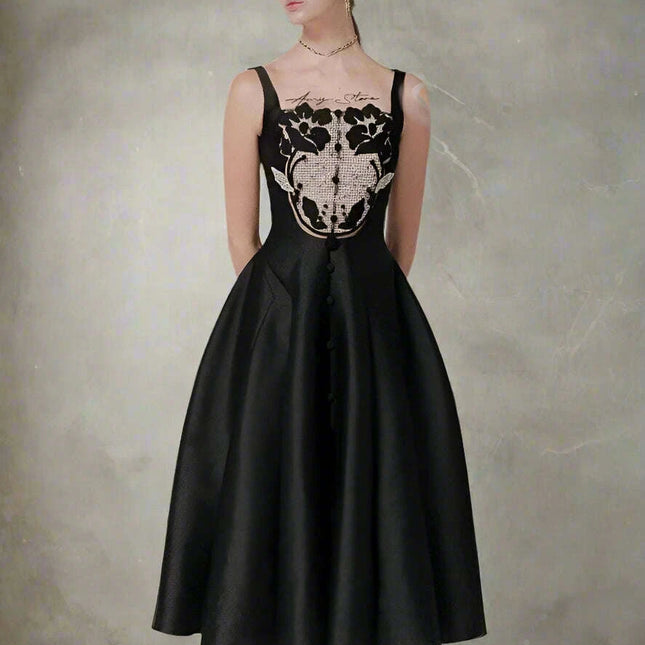 Satin Embroidered Pleated Evening Dress