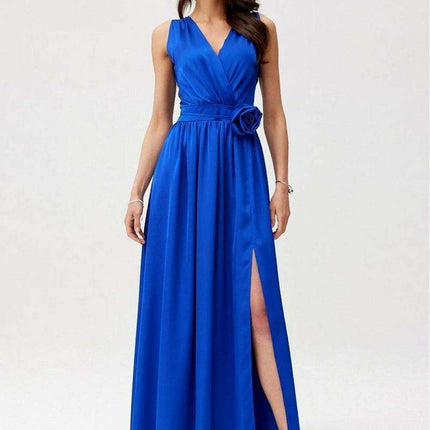 Satin Maxi Dress with Rose Detail and Elegant Silhouette - Très Elite