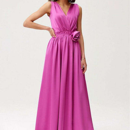 Satin Maxi Dress with Rose Detail and Elegant Silhouette