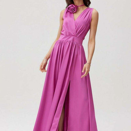Satin Maxi Dress with Rose Detail and Elegant Silhouette - Très Elite