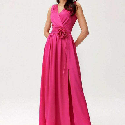 Satin Maxi Dress with Rose Detail and Elegant Silhouette - Très Elite