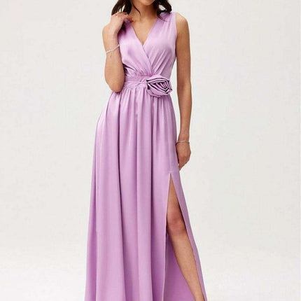 Satin Maxi Dress with Rose Detail and Elegant Silhouette