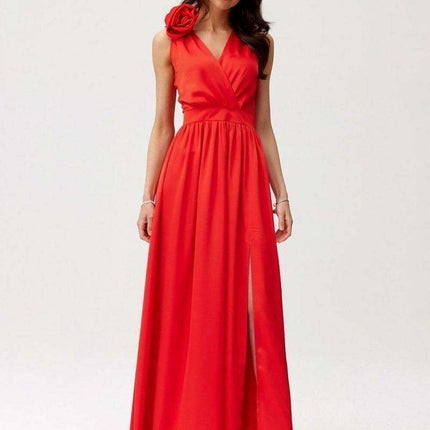 Satin Maxi Dress with Rose Detail and Elegant Silhouette