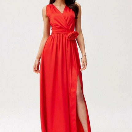 Satin Maxi Dress with Rose Detail and Elegant Silhouette - Très Elite