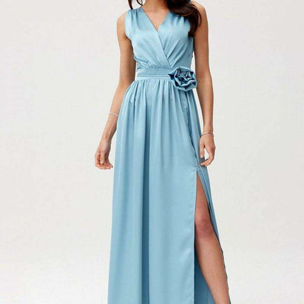 Satin Maxi Dress with Rose Detail and Elegant Silhouette